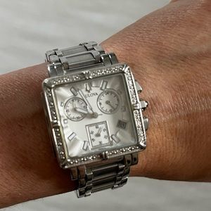 Ladies Bulova C837420 Square Diamond Accent SS Chronograph Quartz Watch